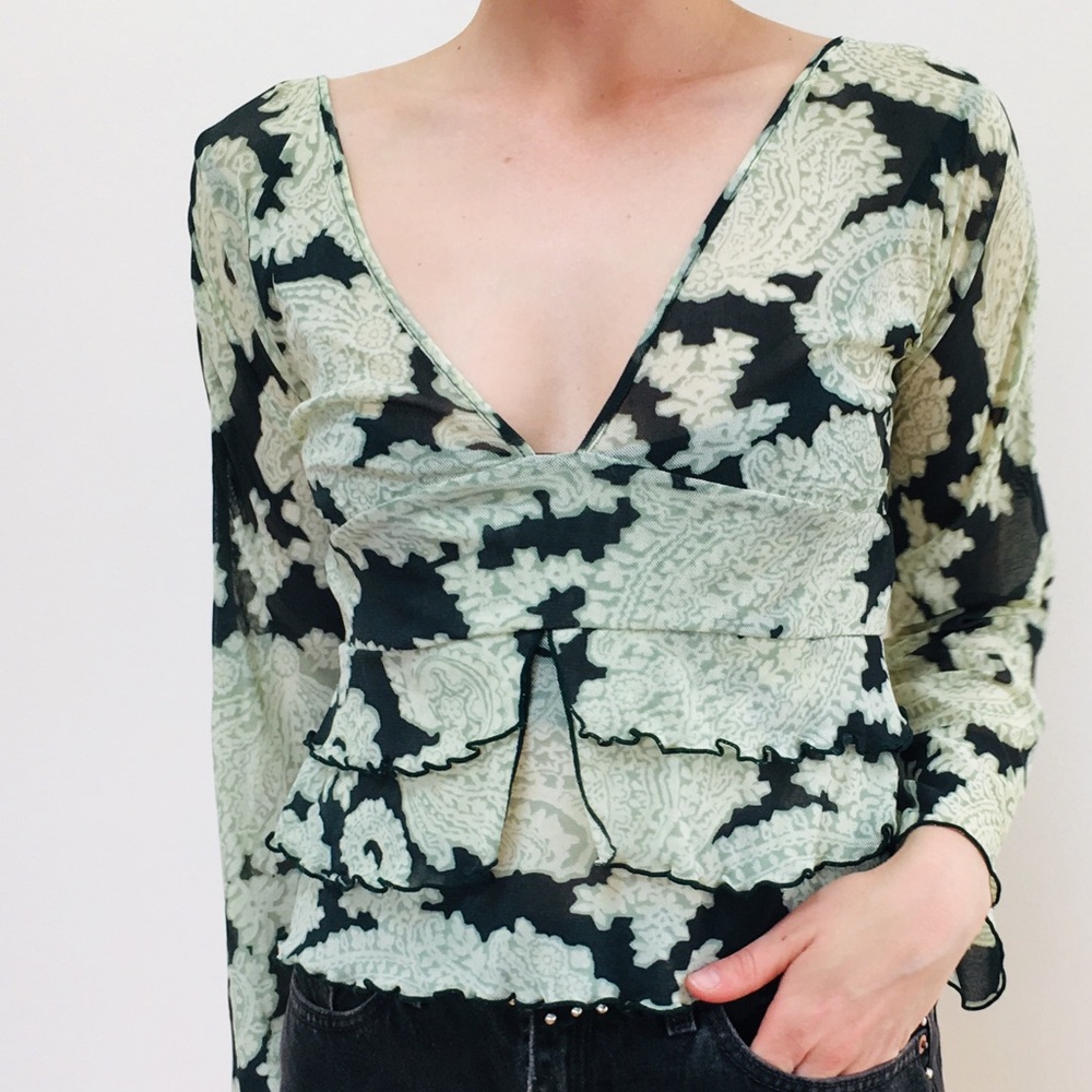 Mesh ruffled bell sleeve top